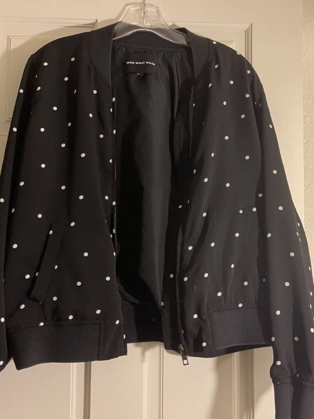 Black & White Polka Dot Bomber Zip-up Jacket With Pockets Size L statement 80s